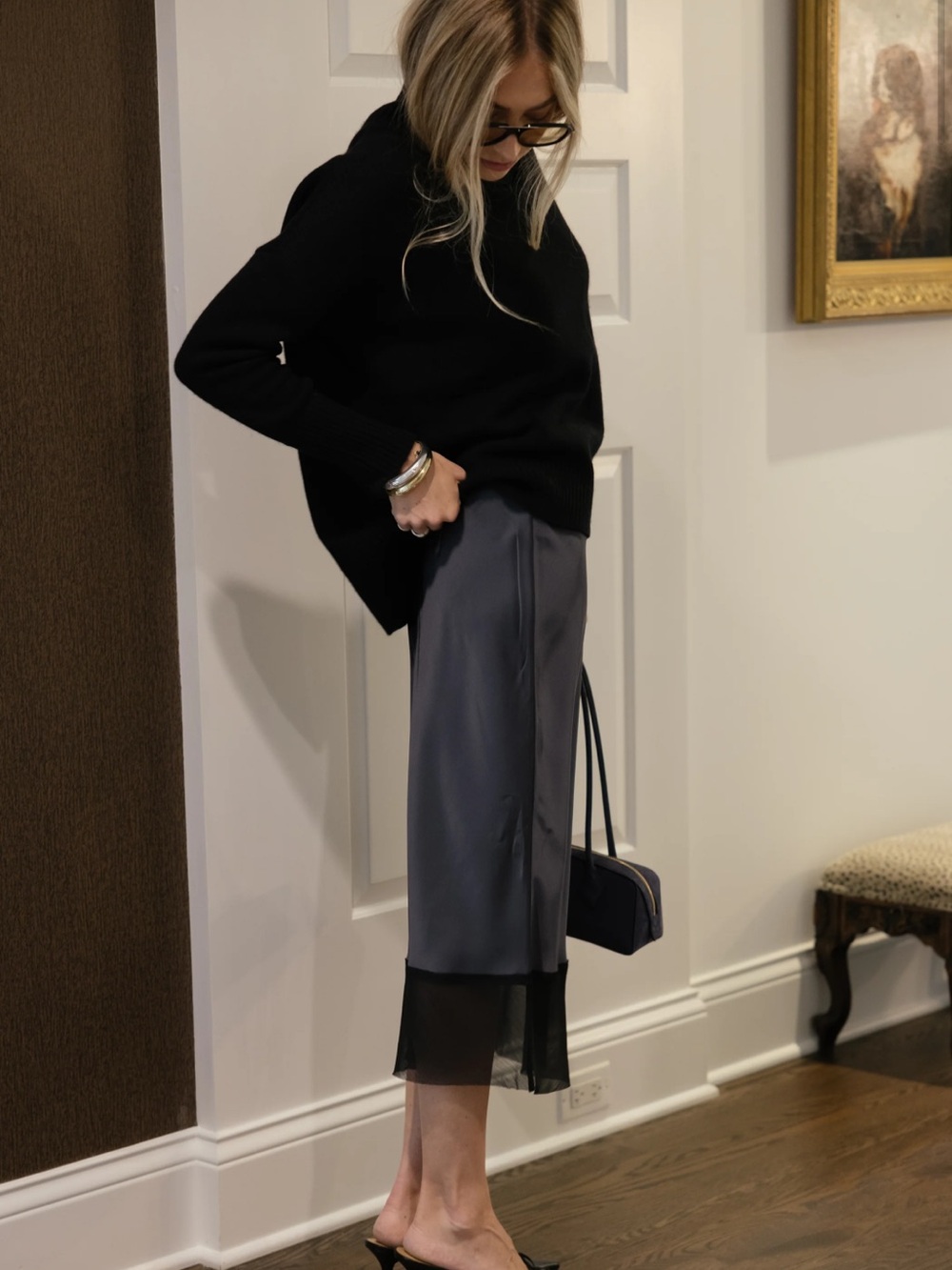 Sleek Charcoal Midi Skirt with Black Sheer Hem